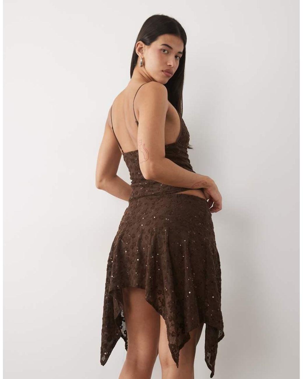 Motel Brown Ashley Hanky Hem Sequin Midi Skirt Co-ord