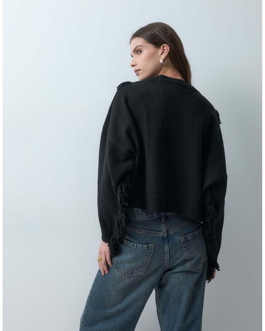 ASOS Gray Knitted Fringe Detailing Oversized Jumper