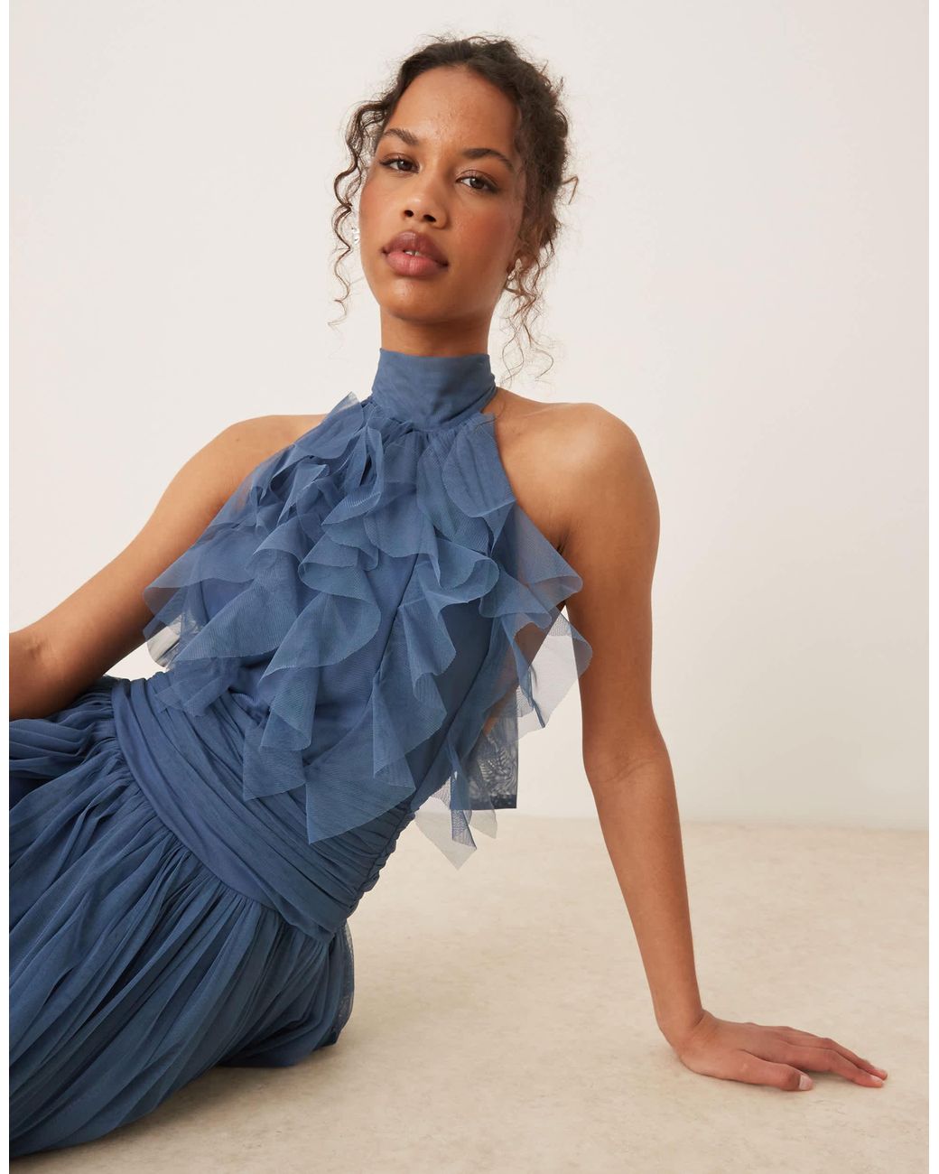 LACE & BEADS Waterfall Ruffle Maxi Dress in Blue | Lyst