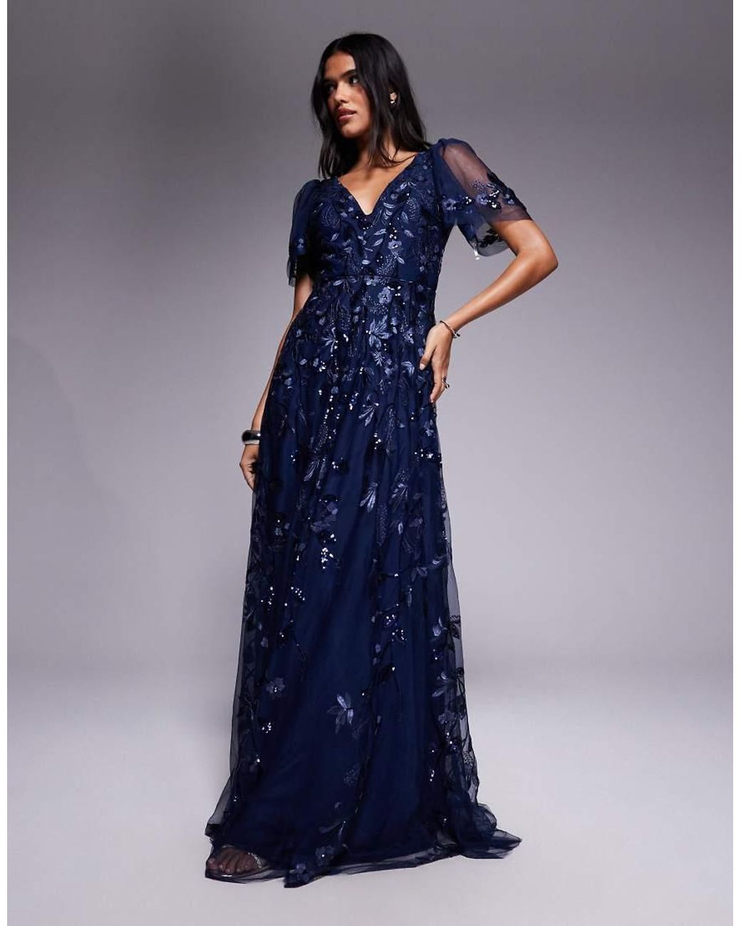 Goddiva Blue Flared Sleeve Embroidered Maxi Dress