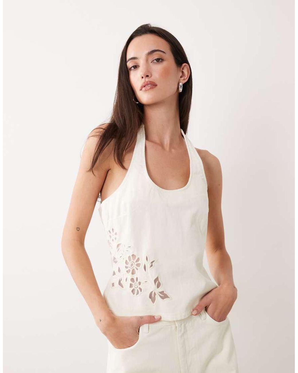 Miss Selfridge White Cutwork Denim Halter Top