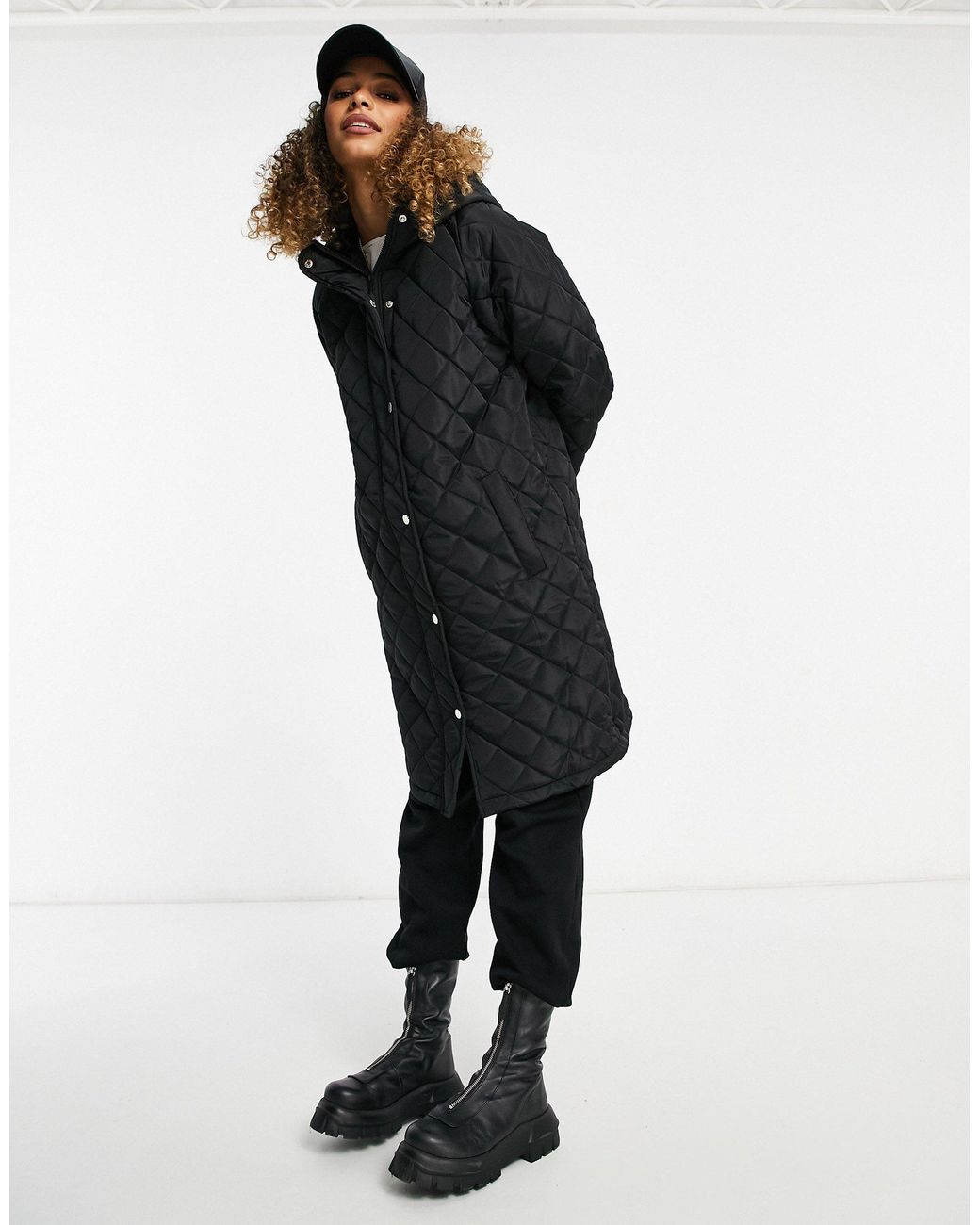 Brave Soul Rusette Diamond Quilt Hooded Coat in Black | Lyst Australia