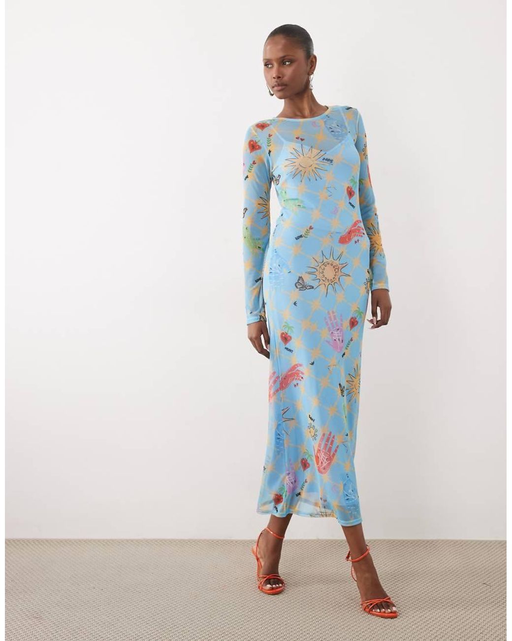 Never Fully Dressed Blue Mesh Long Sleeve Midi Dress