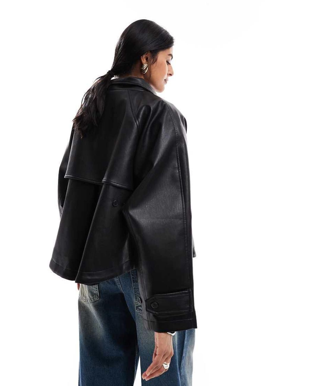 ASOS Black Leather Look Cape Detail Trench
