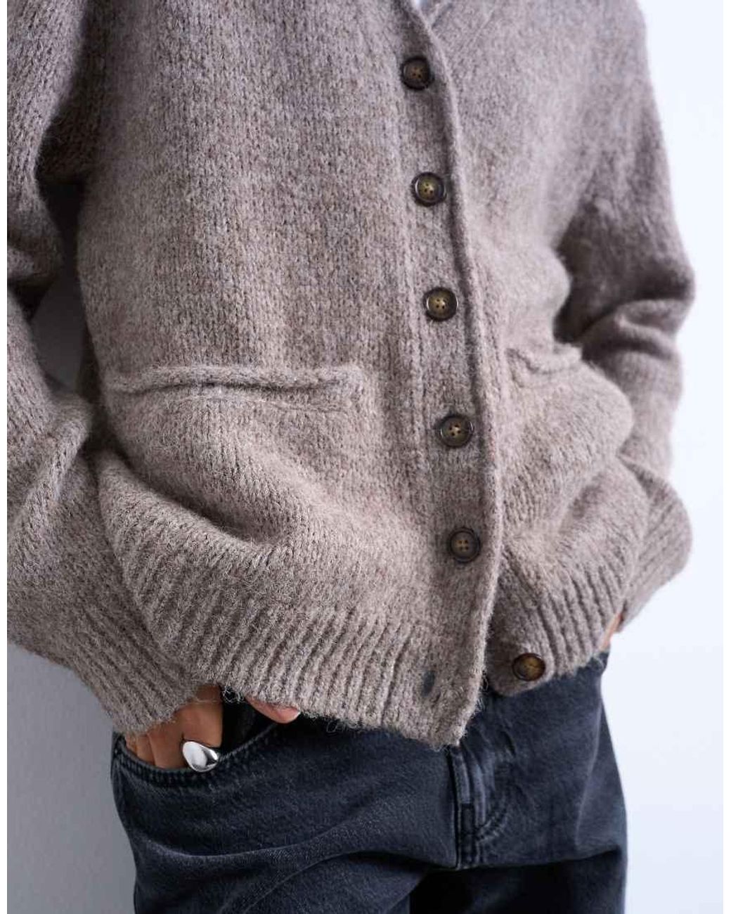 TOPSHOP Gray Knitted Longline Pocket Chunky Wool Mix Cardigan-neutral