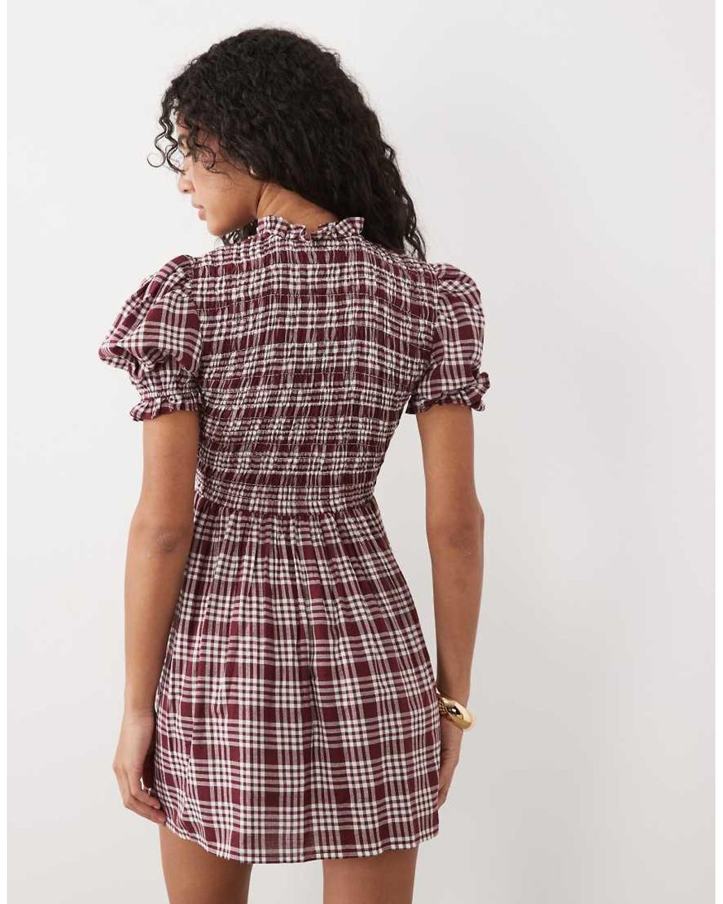 Miss Selfridge Brown Shirred Puff Sleeve Mini Dress