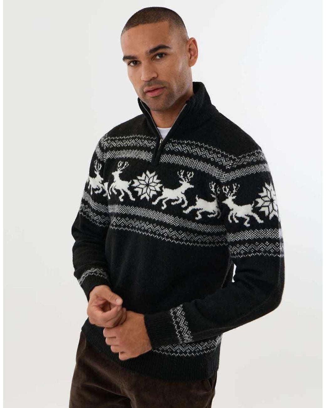 Threadbare Black Reindeer Fairisle Christmas Jumper for men