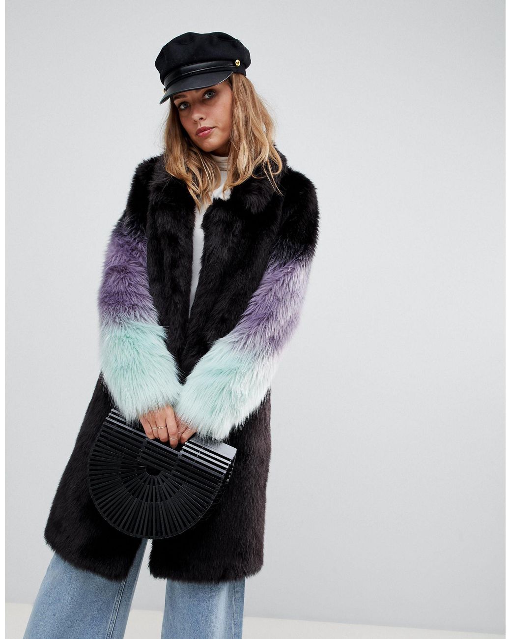 Urbancode Leather Longline Coat With Ombre Faux Fur Sleeves in Black Lyst