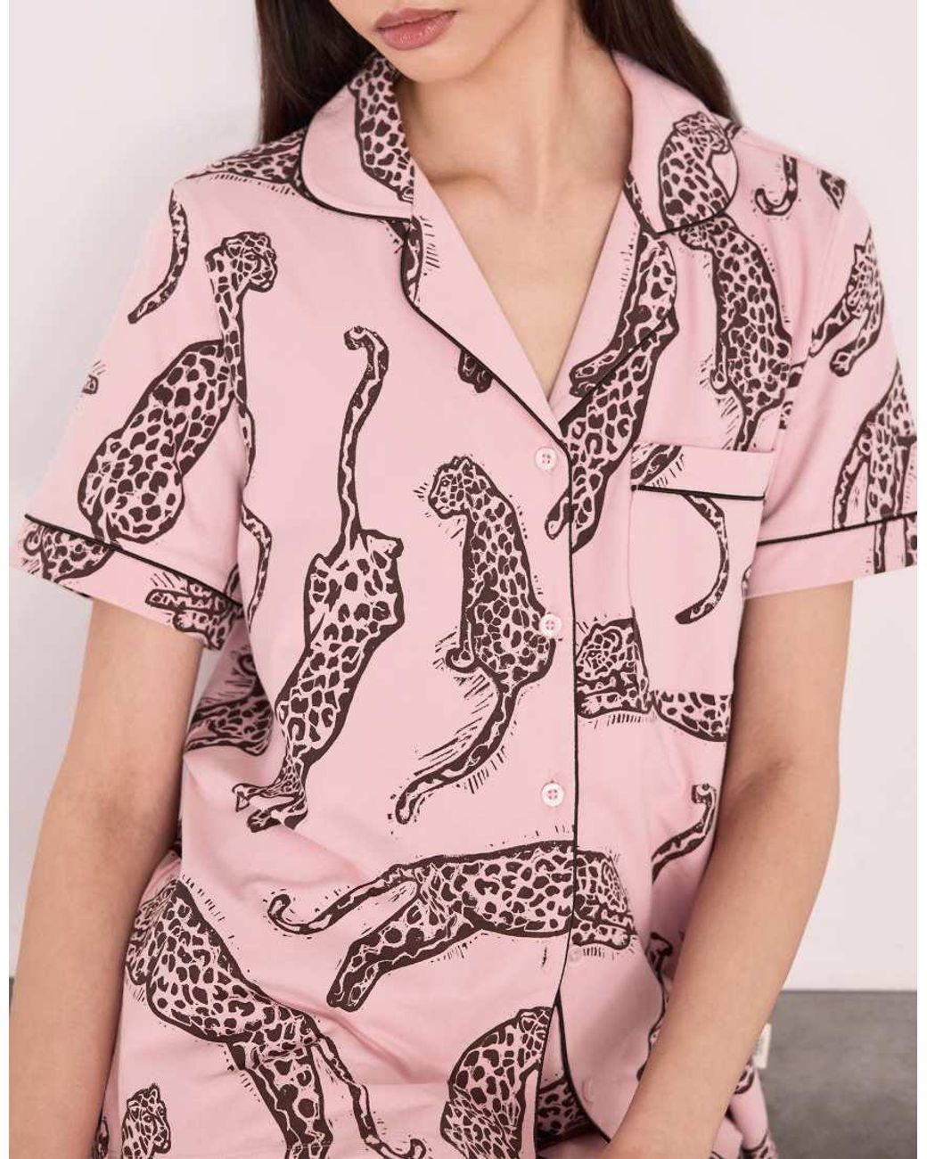 Chelsea Peers Pink Cotton Lino Cut Leopard Print Short Pyjama Set