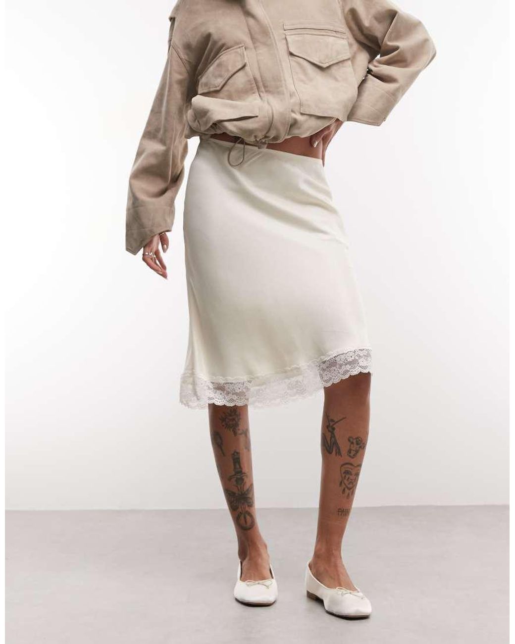 Reclaimed Vintage Natural Satin Awkward Length Skirt With Lace Trim