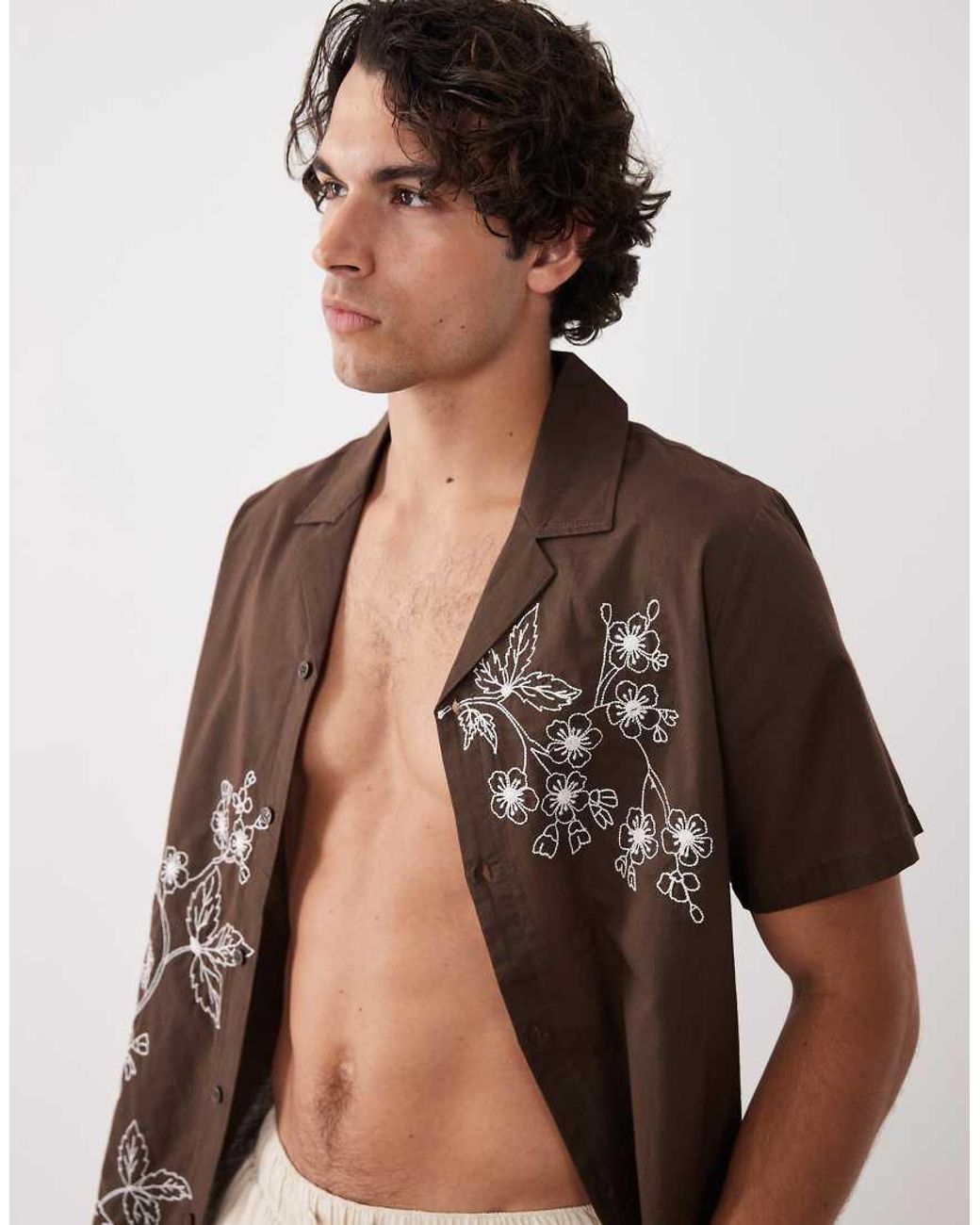 South Beach Natural Embroidered Beach Shirt for men