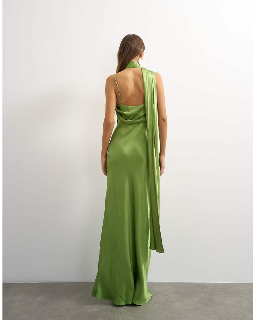 TOPSHOP Green Satin Slip Maxi Dress With Scarf Neck Detail