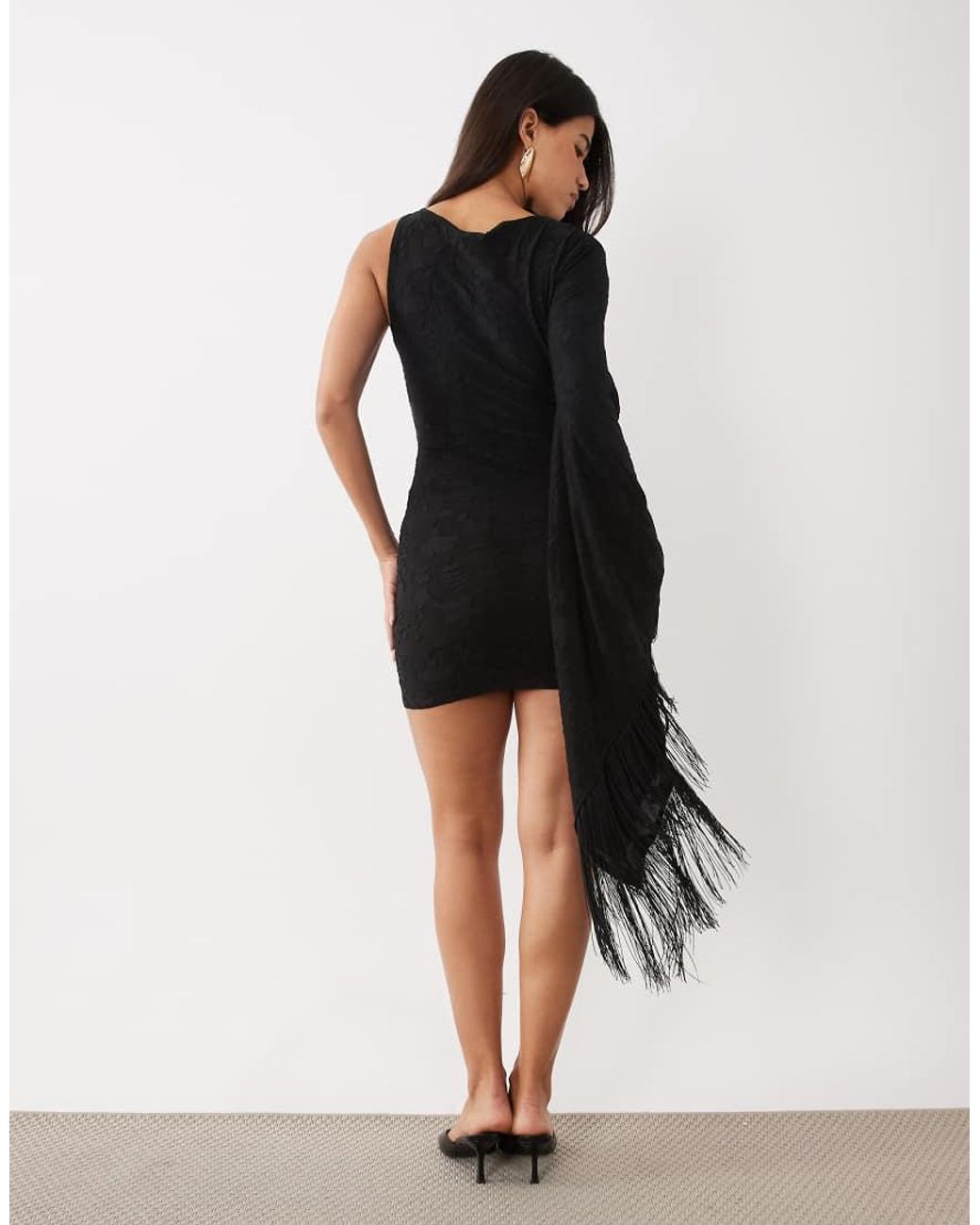 ASOS Black One-shoulder Floral Devore Mini Dress With Fringe Detail