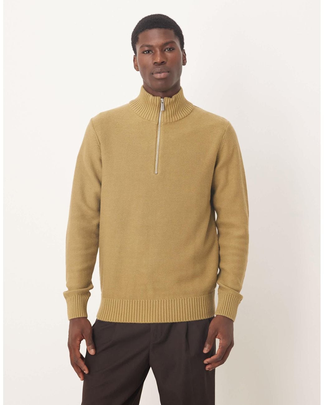 SELECTED Natural 100% Cotton Half Zip Knit Jumper for men