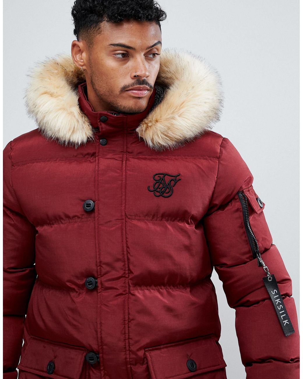 SIKSILK Parka Jacket With Faux Fur Hood In Burgundy in Red for Men | Lyst UK
