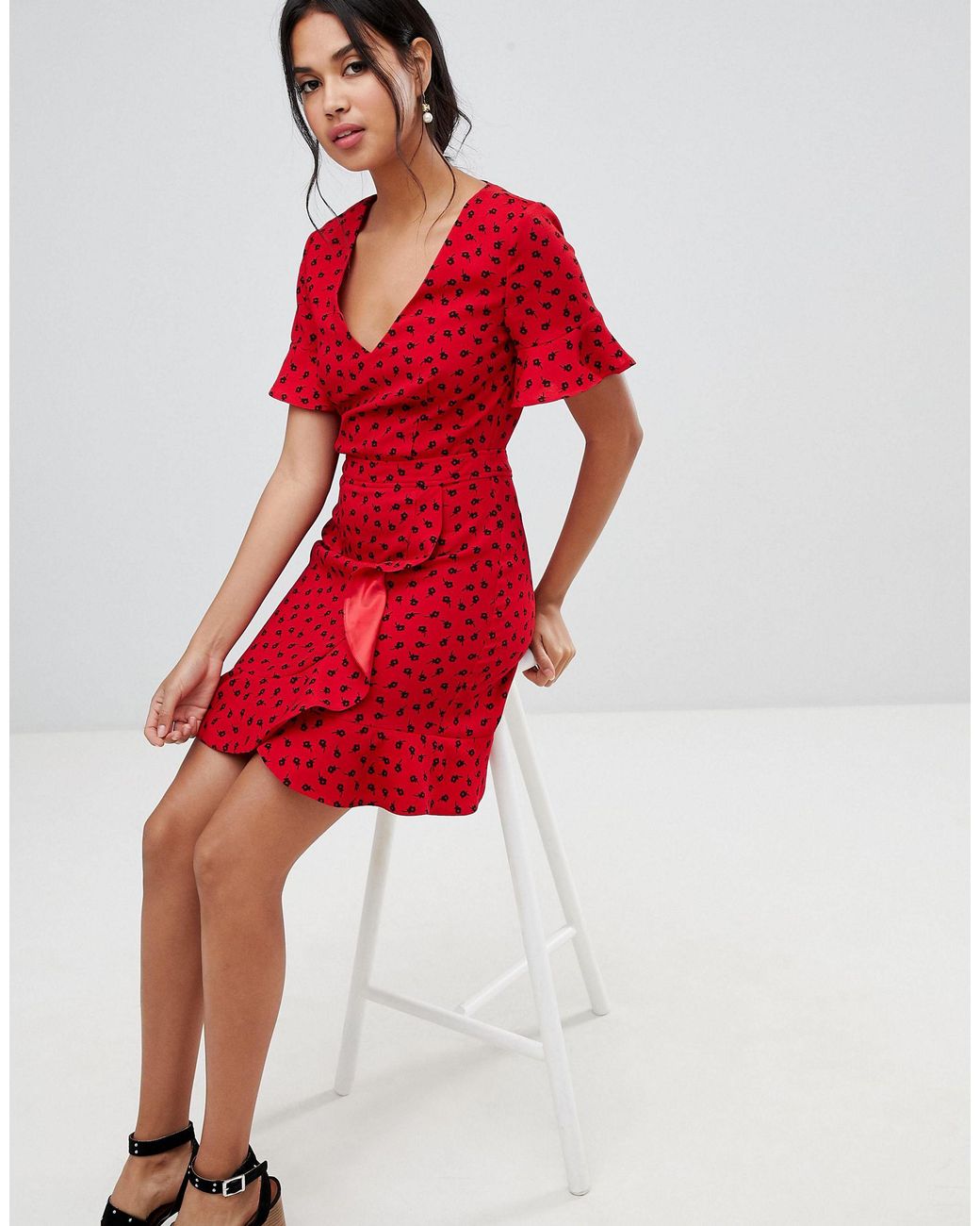 oasis red crepe frill button dress