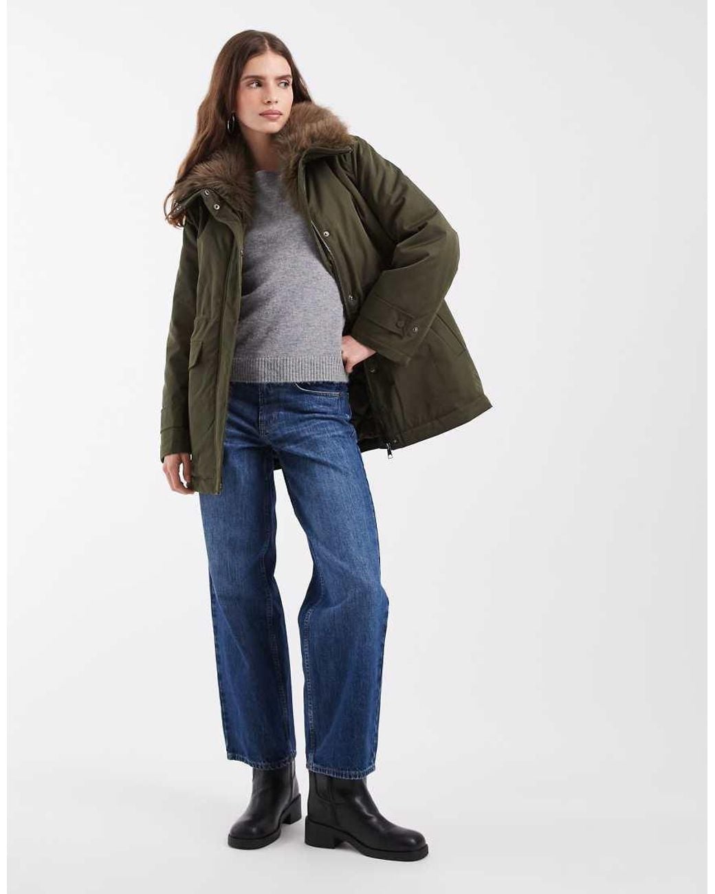 Vero Moda Blue Faux Fur Lined Parka Jacket With Drawstring Waist