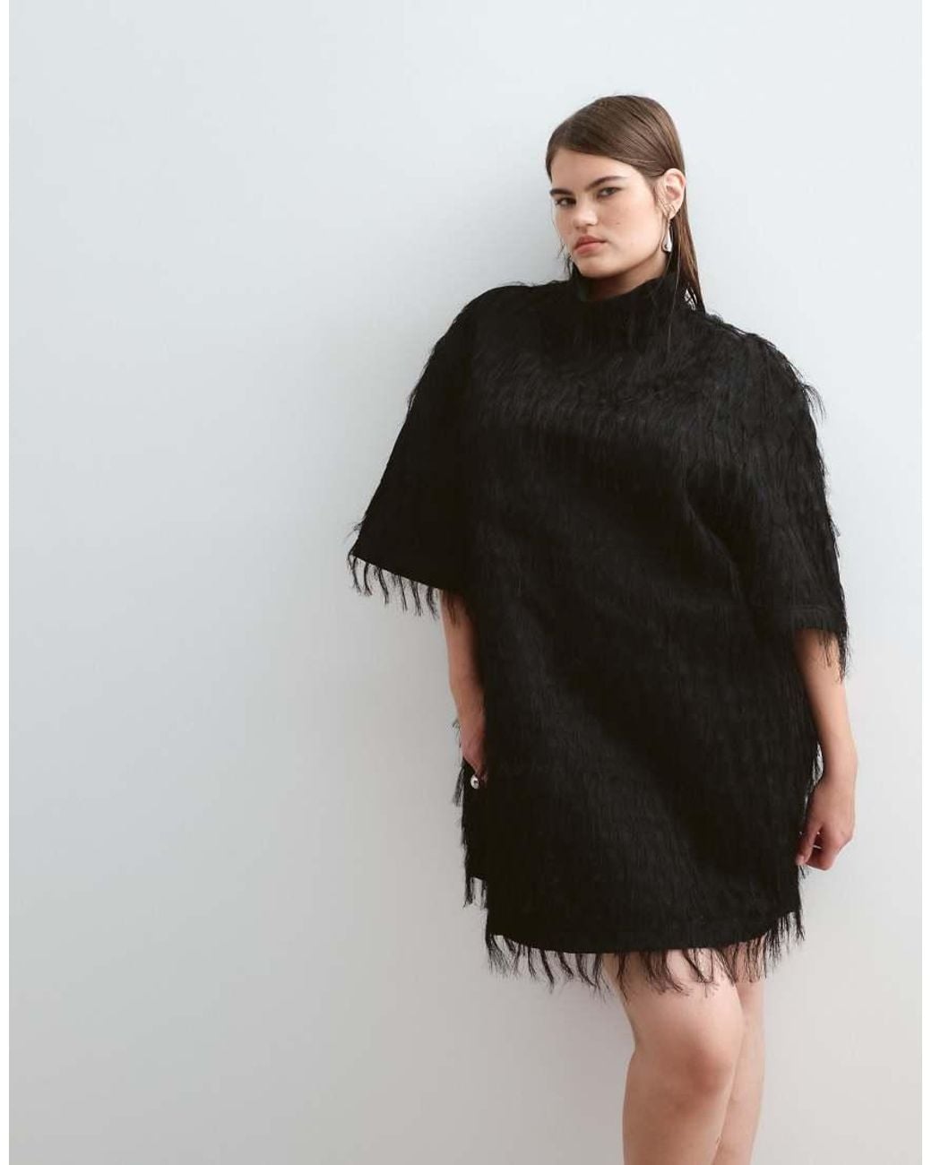 ARRANGE Black Curve Fringe High Neck T-shirt Sleeve Mini Dress
