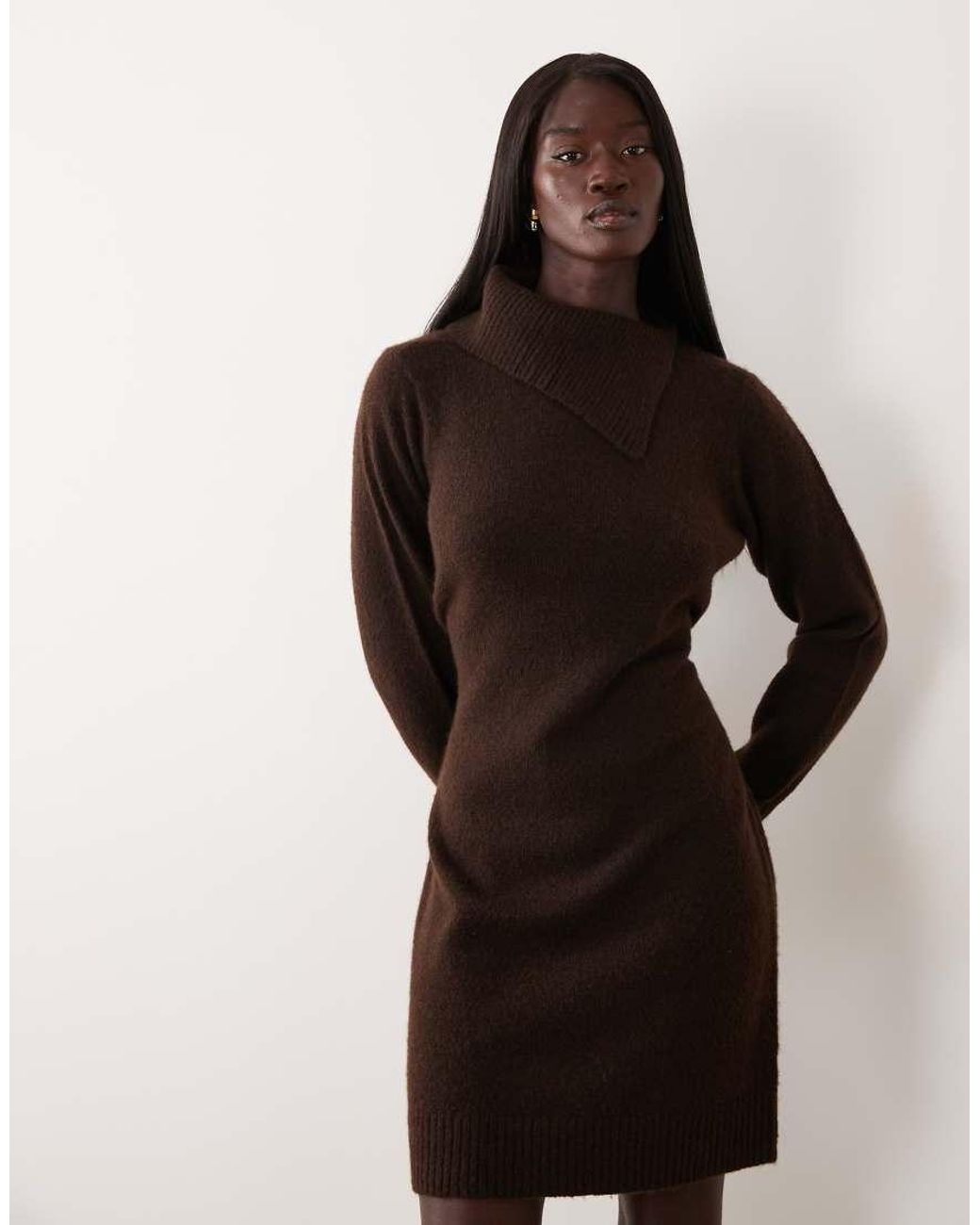Vero Moda Brown Long Sleeve Split Neck Knitted Mini Dress With Tie Waist
