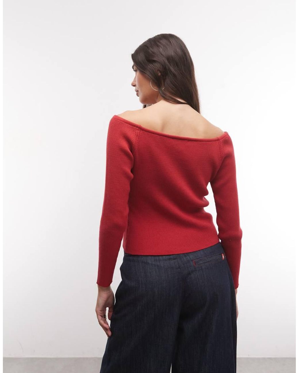 Collusion Red Off The Shoulder Long Sleeve Cut Out Knitted Top