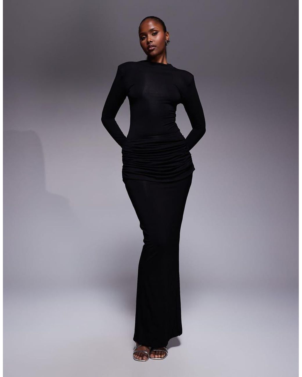 Wanderdoll Black Ashtin Sculpting Second Skin Drape Detail Maxi Skirt Co-Ord
