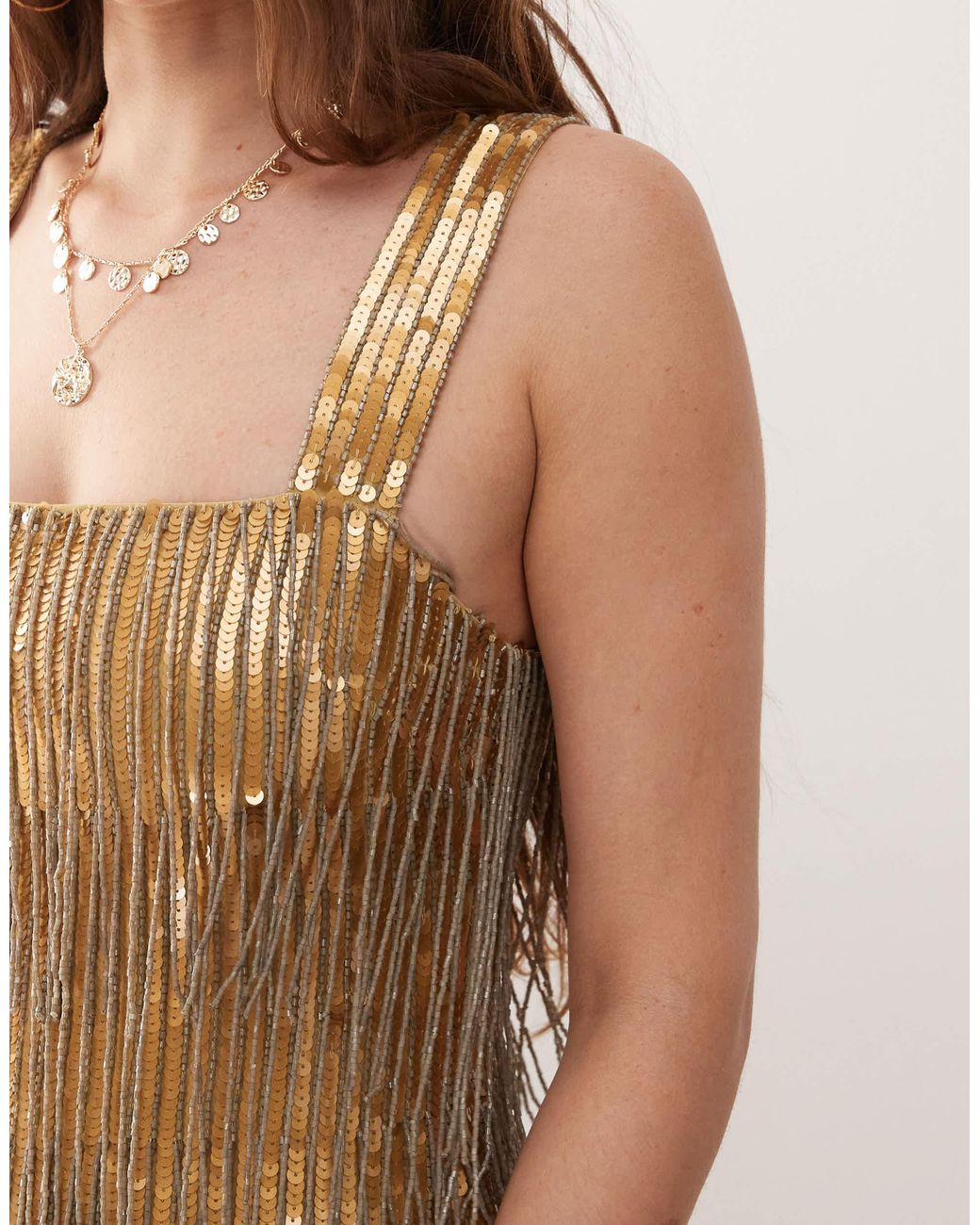 Miss Selfridge Premium Festival Embellished Square Neck Mini Dress in  Natural | Lyst