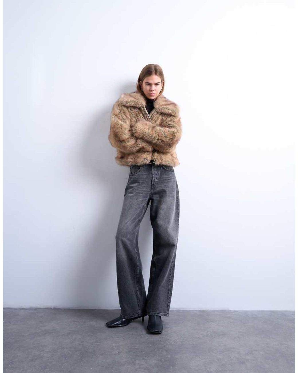 TOPSHOP Blue Faux Fur Stripe Zip Thru Bomber Jacket