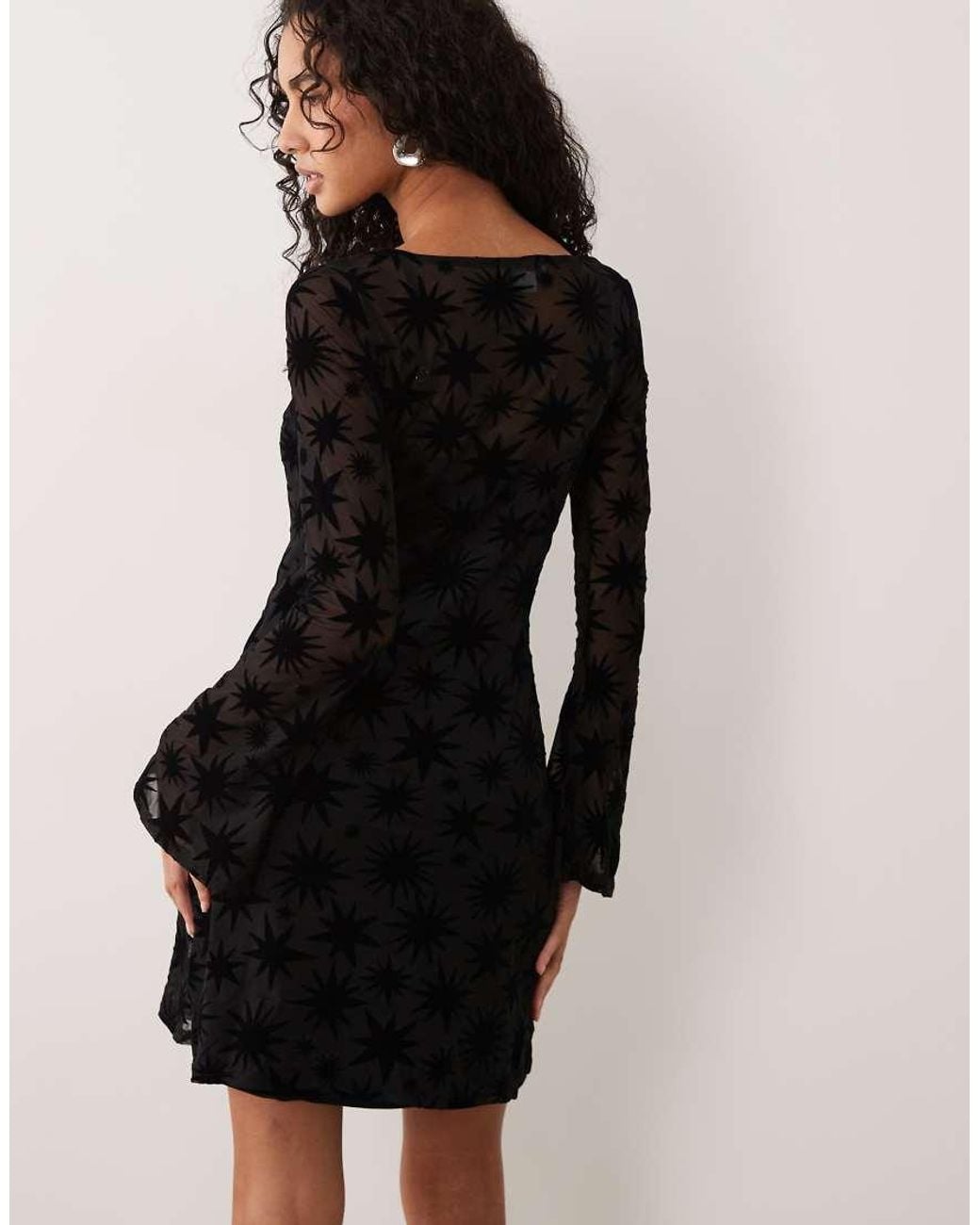 Never Fully Dressed Natural Flocked Mesh Boat Neck Bell Sleeve Mini Dress