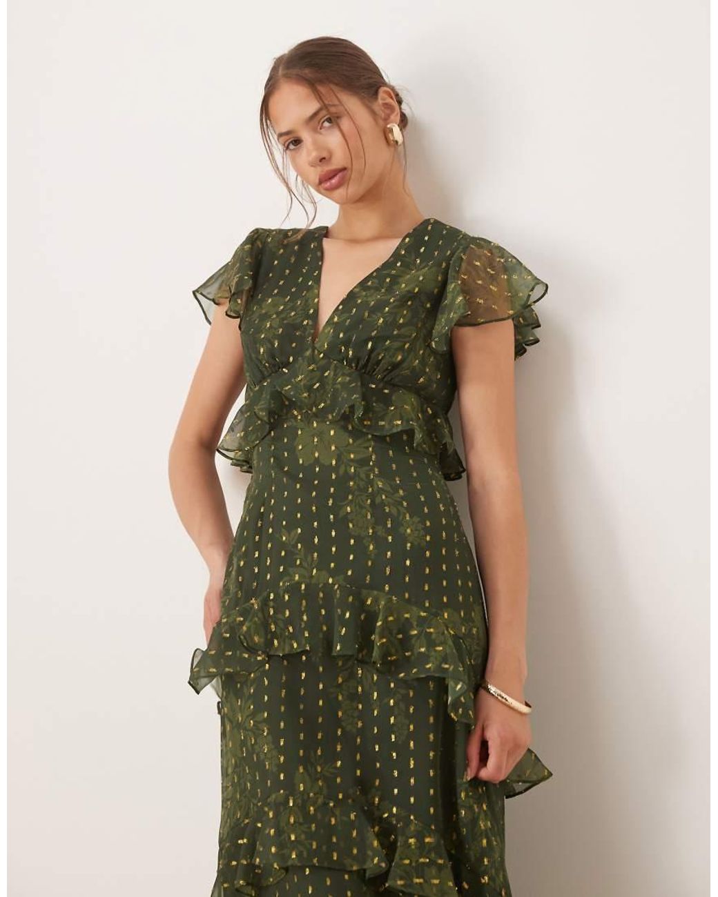 ANAYA Green Metallic Accent Floral V Neck Midi Dress