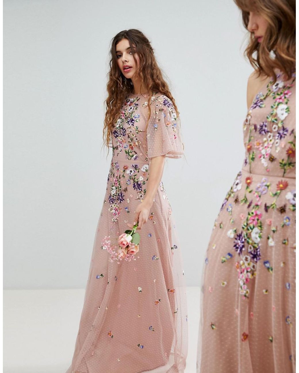 ASOS Floral Embroidered Dobby Mesh Flutter Sleeve Maxi Dress in Pink | Lyst