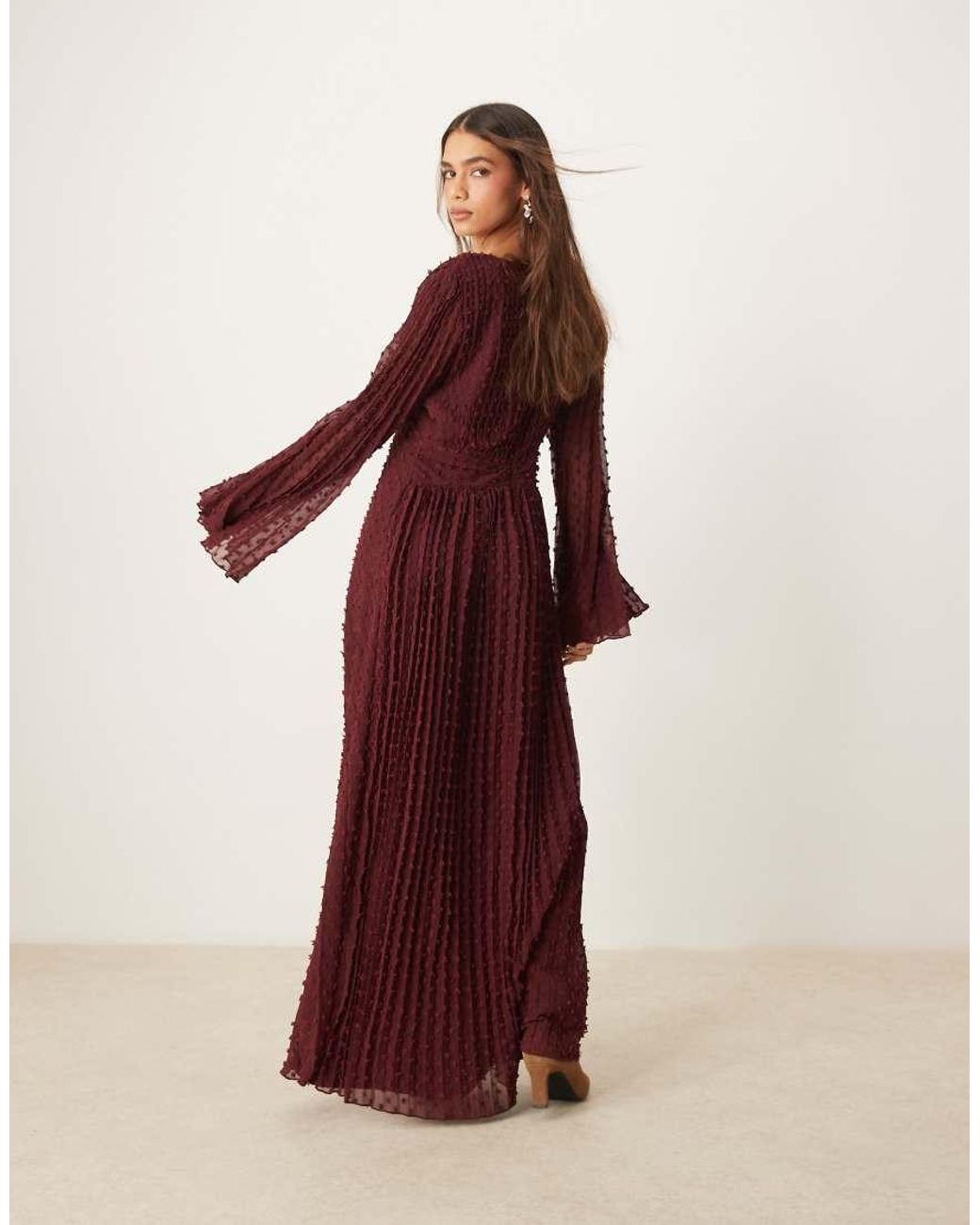ASOS Red Dobby Pleated Midi Dress With Tie Front