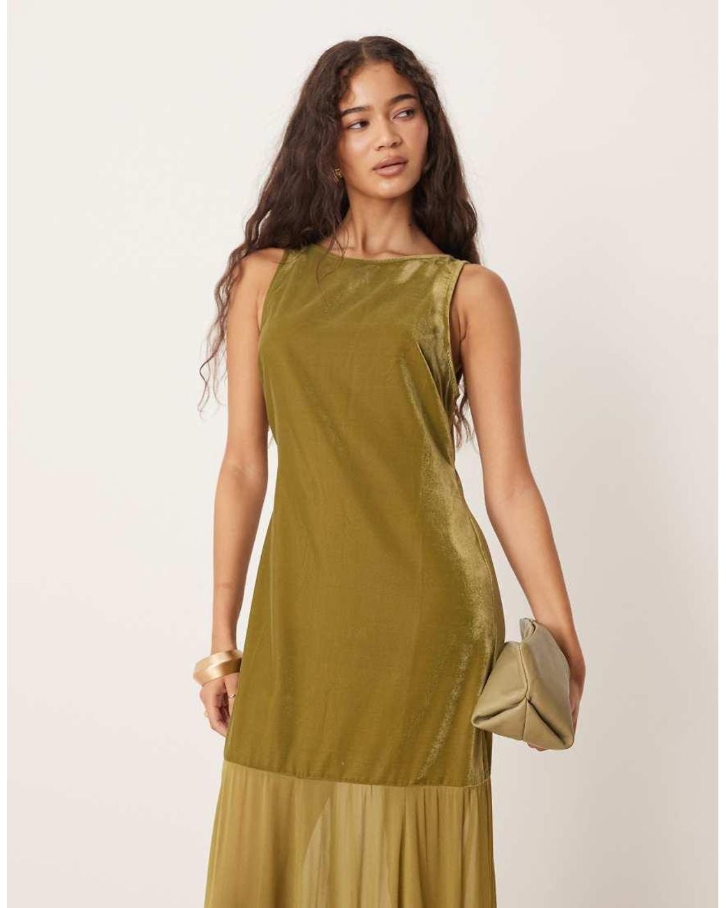 ASOS Green Drop Waist Velvet Maxi Dress With Sheer Godet Skirt