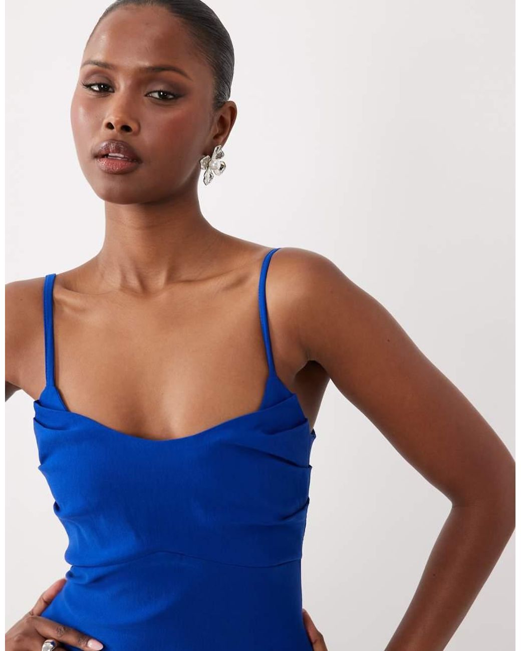Vesper Blue Bengaline Ruched Strappy Cami Maxi Dress