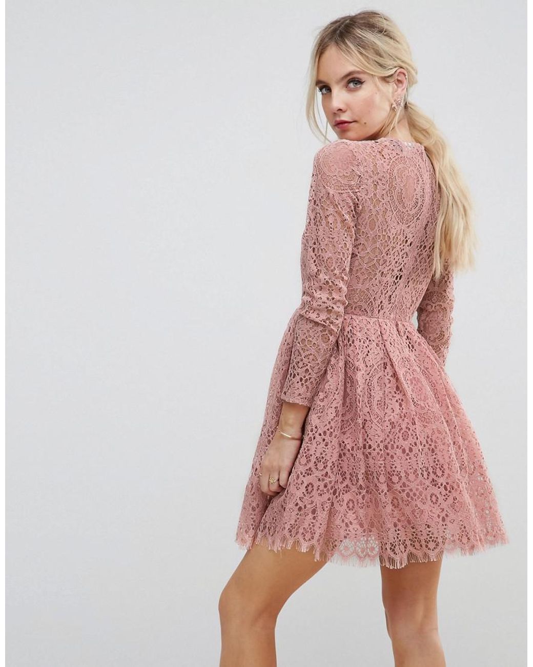 ASOS Long Sleeve Lace Mini Prom Dress in Pink | Lyst