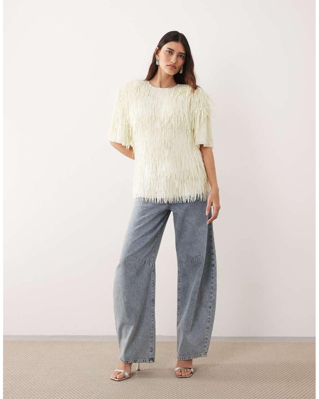 ARRANGE White All Over Shard Sequin Strong Shoulder T-Shirt