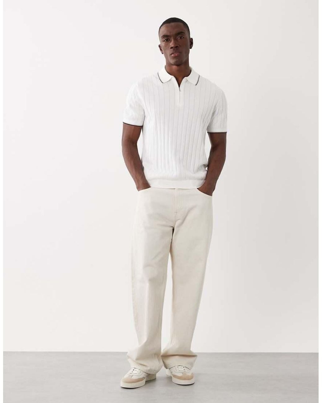 Mango White Ribbed Knit Quarter Zip Polo With Contrast Trim for men