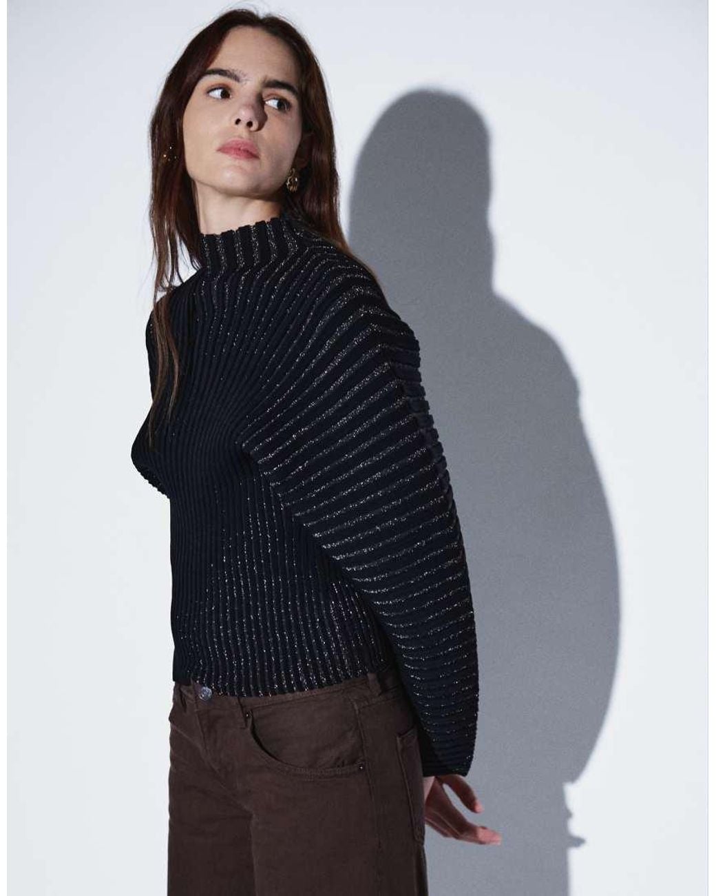 & Other Stories Blue Long Sleeve Knit Top With High Neck And Rib Detail