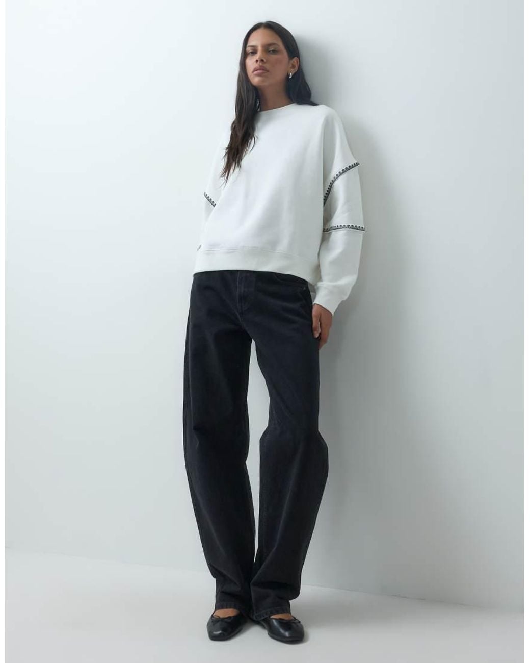 Mango White Oversized Embroidered Sleeve Sweater