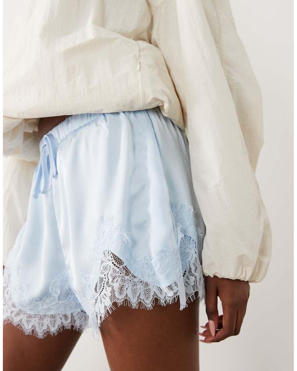 Noughts & Kisses Blue Lace Trim Tie Waist Satin Shorts