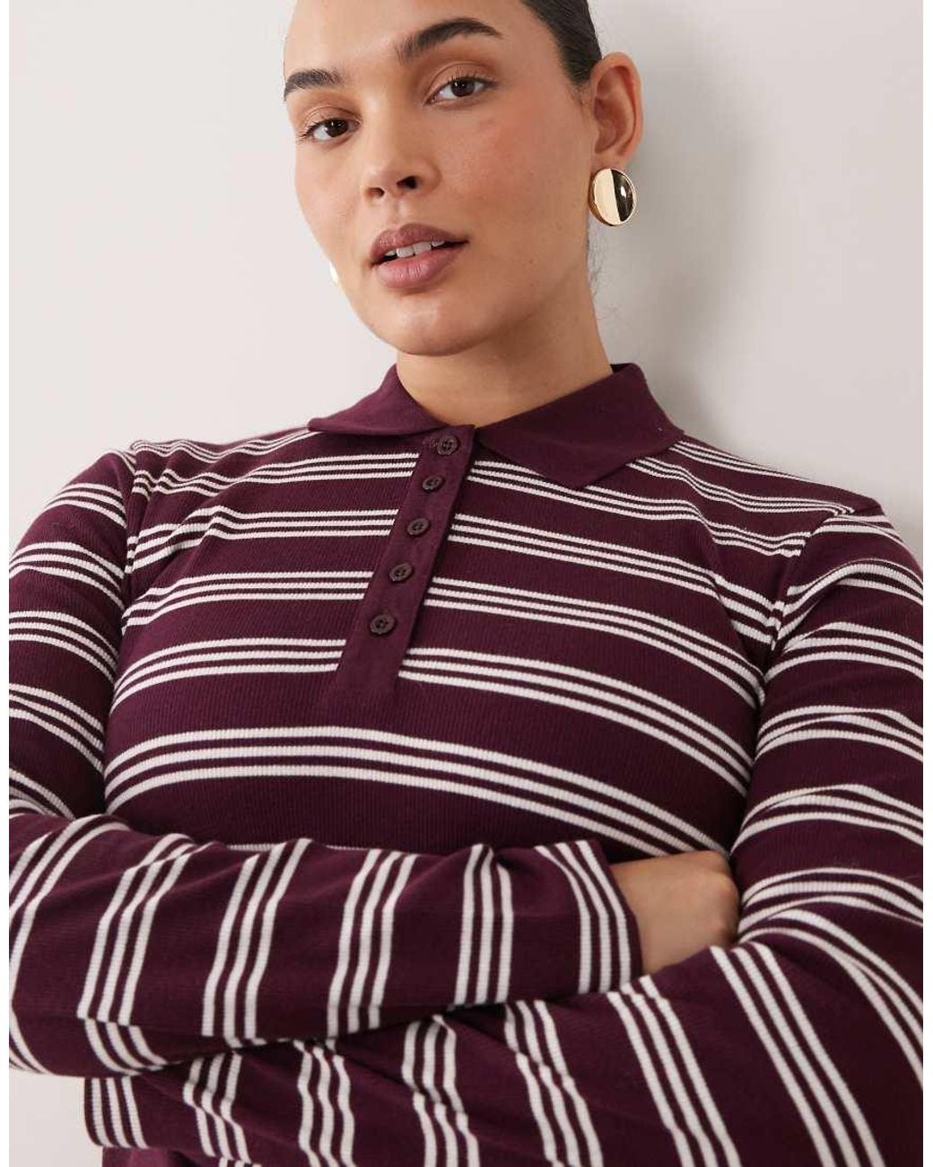 Brave Soul Red Brave Soul Curve Long Sleeve Ribbed Polo Top