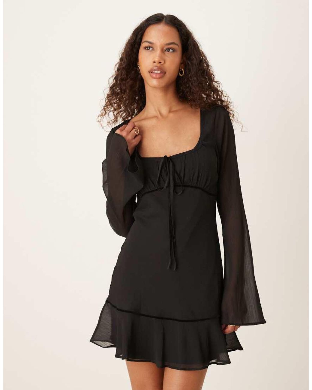 ASOS Black Ruched Bust Scoop Long Sleeve Mini Dress