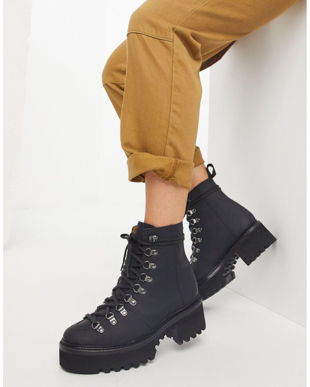 Grenson Nanette Rubberised Leather Chunky Hiker Boots in Black | Lyst UK