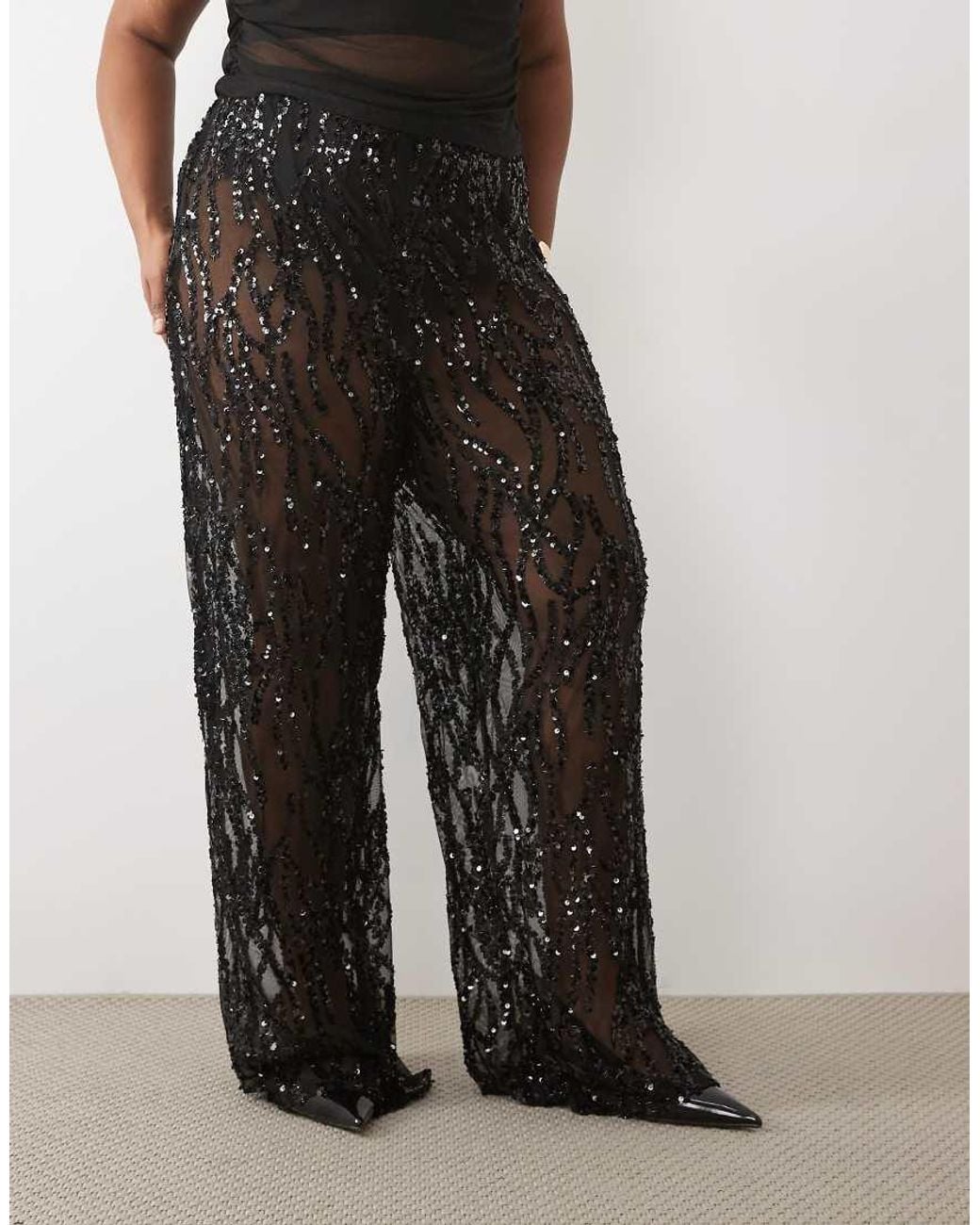 Tfnc Plus Black Sequin Mesh Wide Leg Trousers