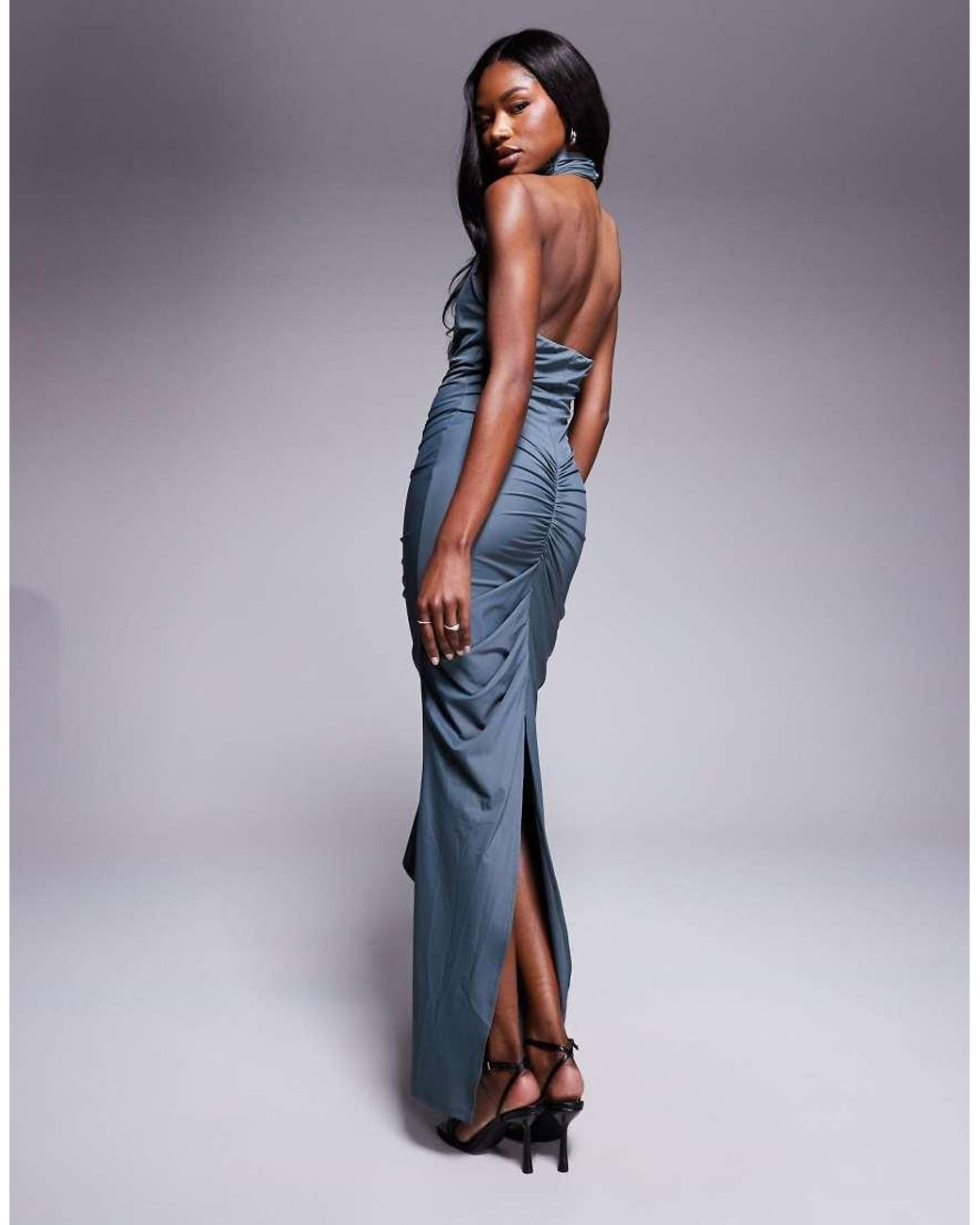 ASOS Blue Sculpting Jersey High Neck Drape Ruffle Maxi Dress