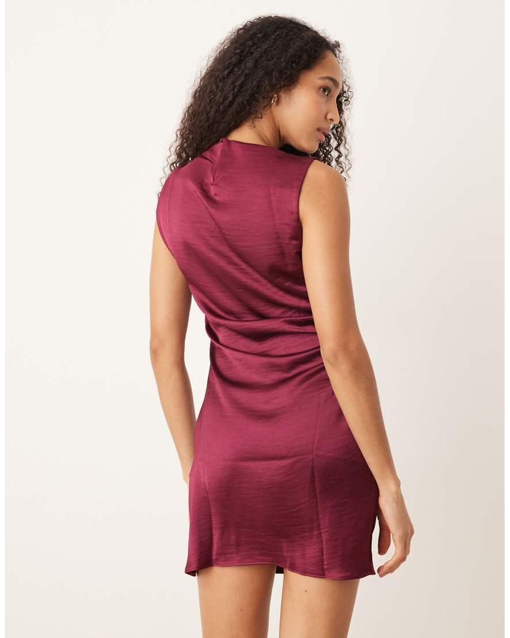 Mango Red Ruched Side Satin Sleeveless Mini Dress