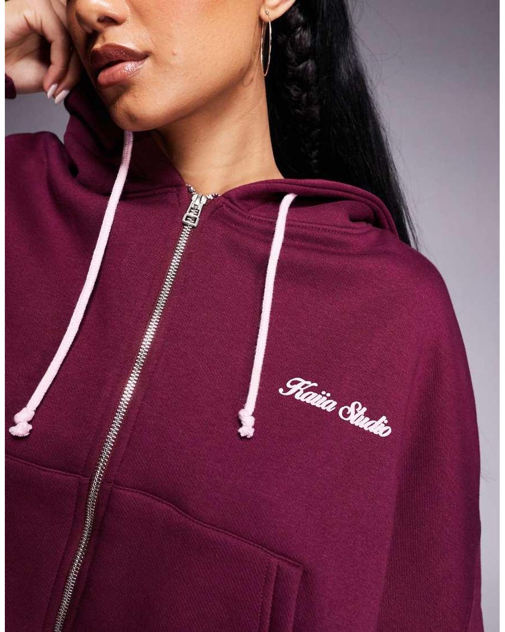 Kaiia Purple Cotton Rich Studio Cherry Back Graphic Oversized Zip Up Hoodie Co-ord
