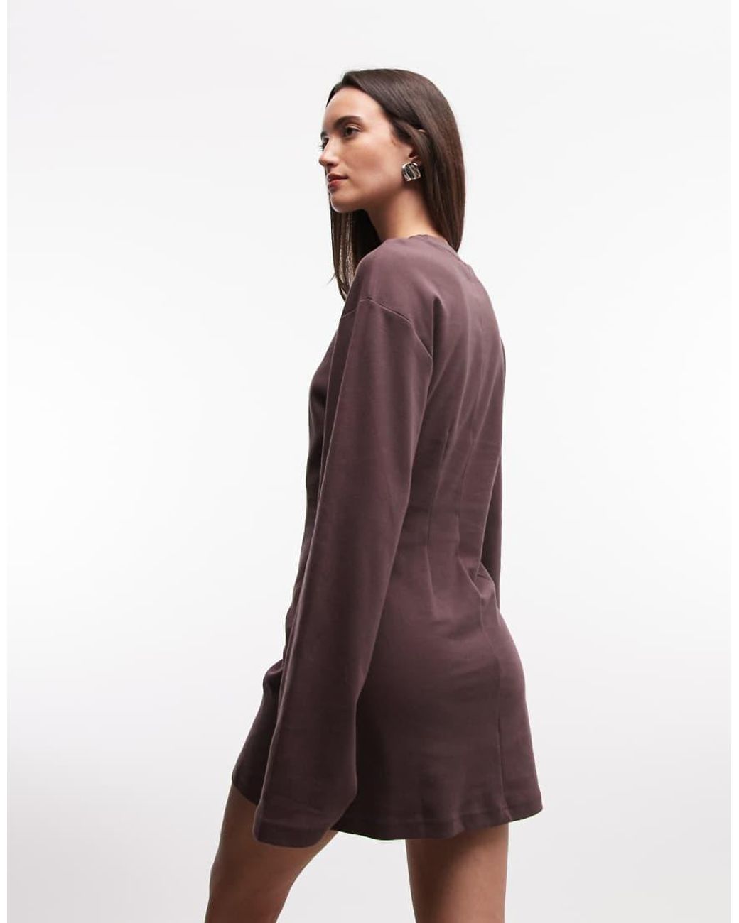 Monki Brown Cinched Waist Long Sleeve Mini T-shirt Dress