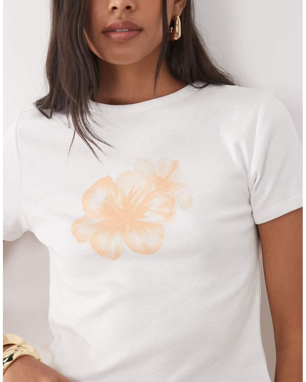 Mango White Teen 100% Cotton Baby Tee With Flower Print
