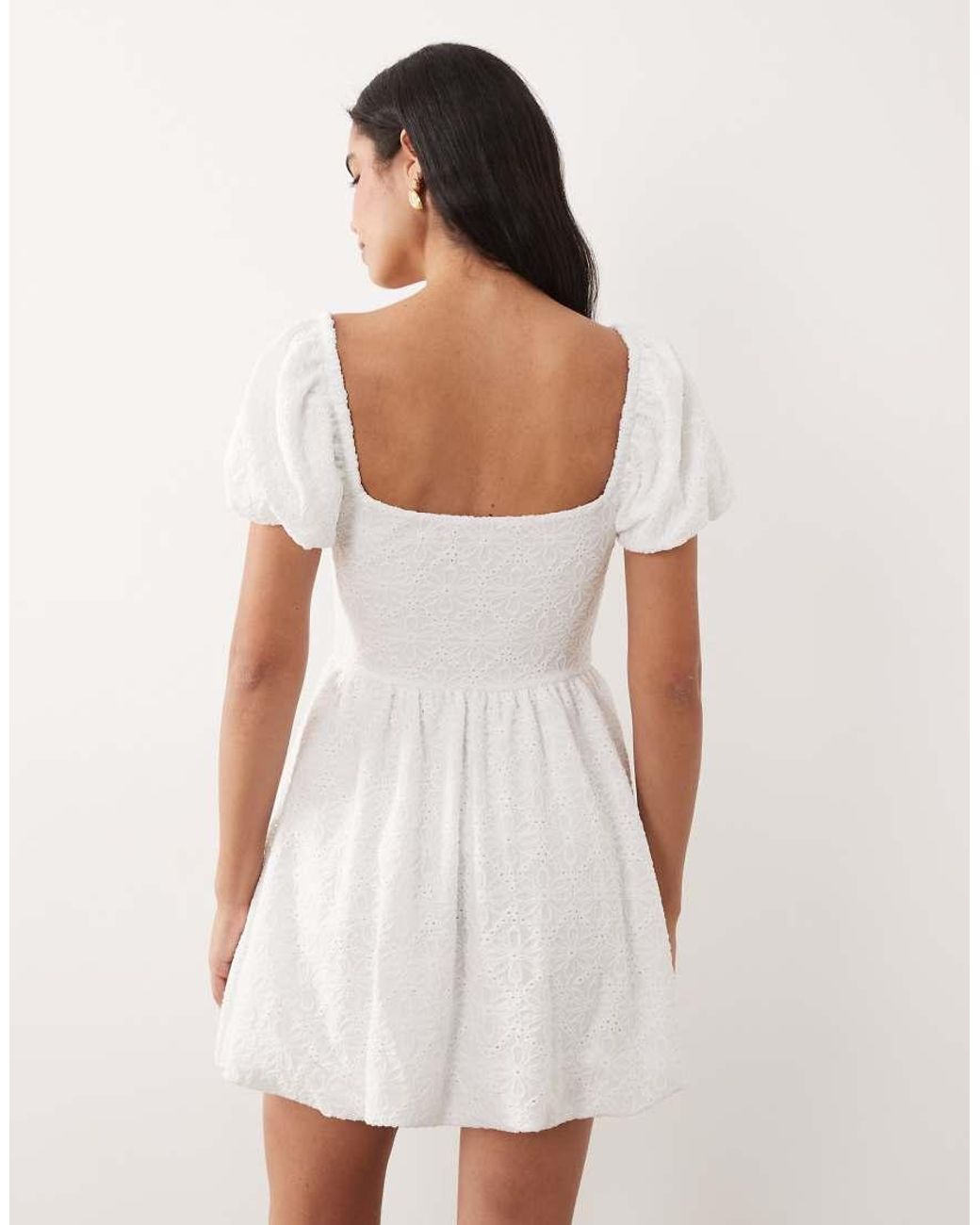 Gina Tricot Natural Puff Short Sleeve Flower Embroidered Mini Dress