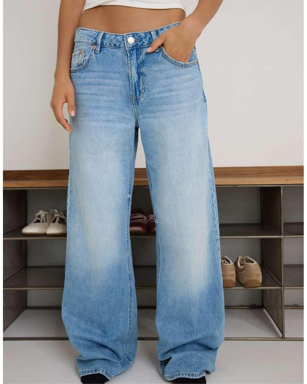 Stradivarius Blue D91 Low Rise Wide Leg Jean